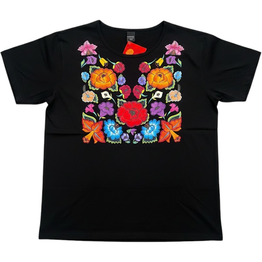 Sabaku Artwear Black Floral Graphic Tee Shirt Museum Large Mexican Frida Artsy
